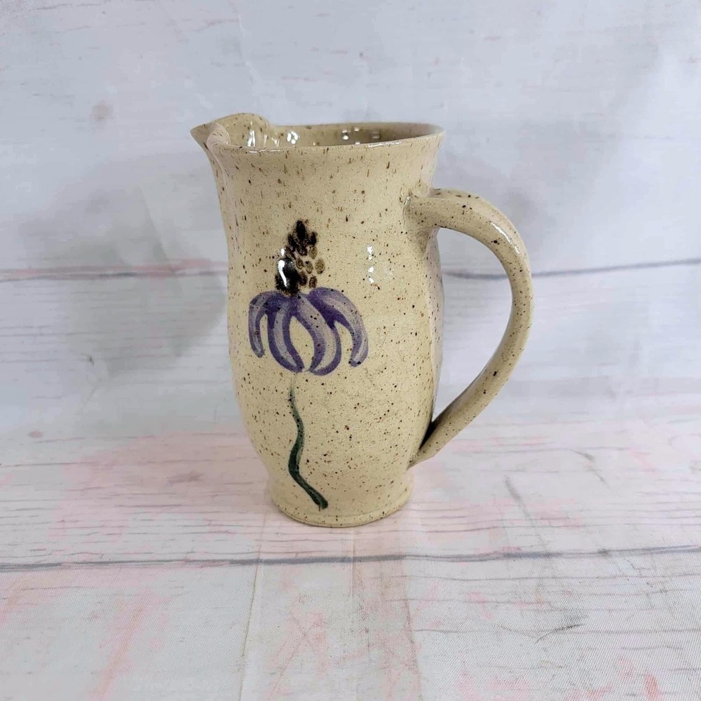 Pottery Stoneware Asheville NC Pitcher Floral‎ Design Speckled Glaze